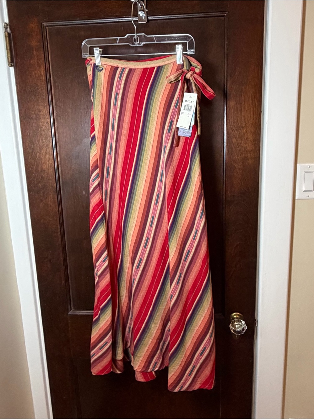Roxy Maxi Skirt Size Medium/Large Wrap Tie Red Stripe Cotton Boho Festival NWT
